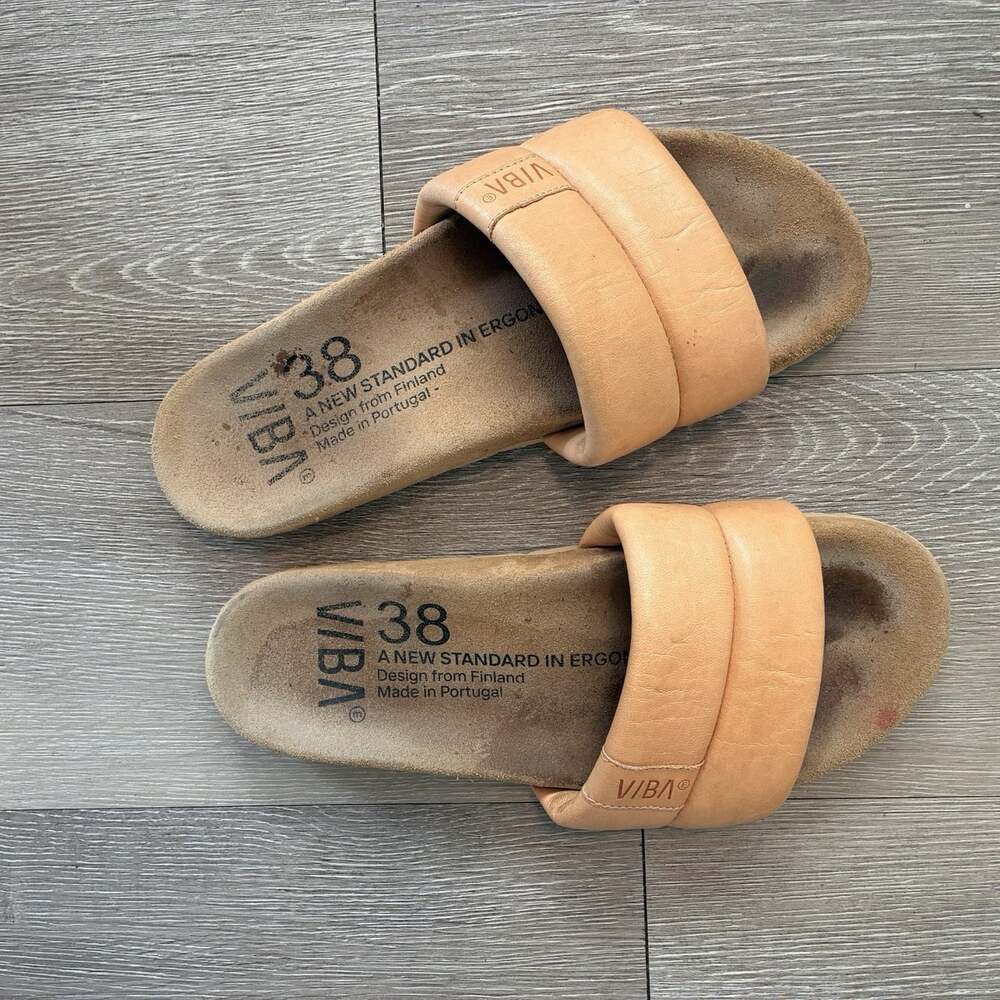 VIBAe PORTO Leather Slide Sandals Desert Nude Tan Arch Support Footbed W Size 38 - Picture 2 of 5